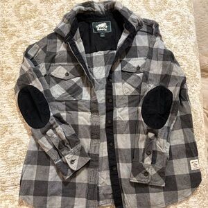 Roots Plaid Shirt Jacket Elbow Patch Flannel Woman’s Large Grey Buffalo Check